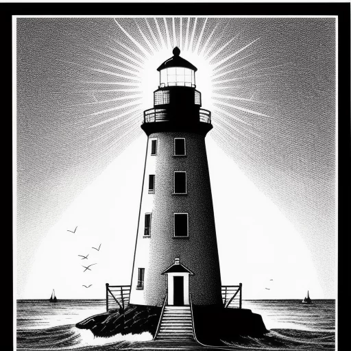 4721316290-the lighthouse shines into the distance, black and white etching.webp